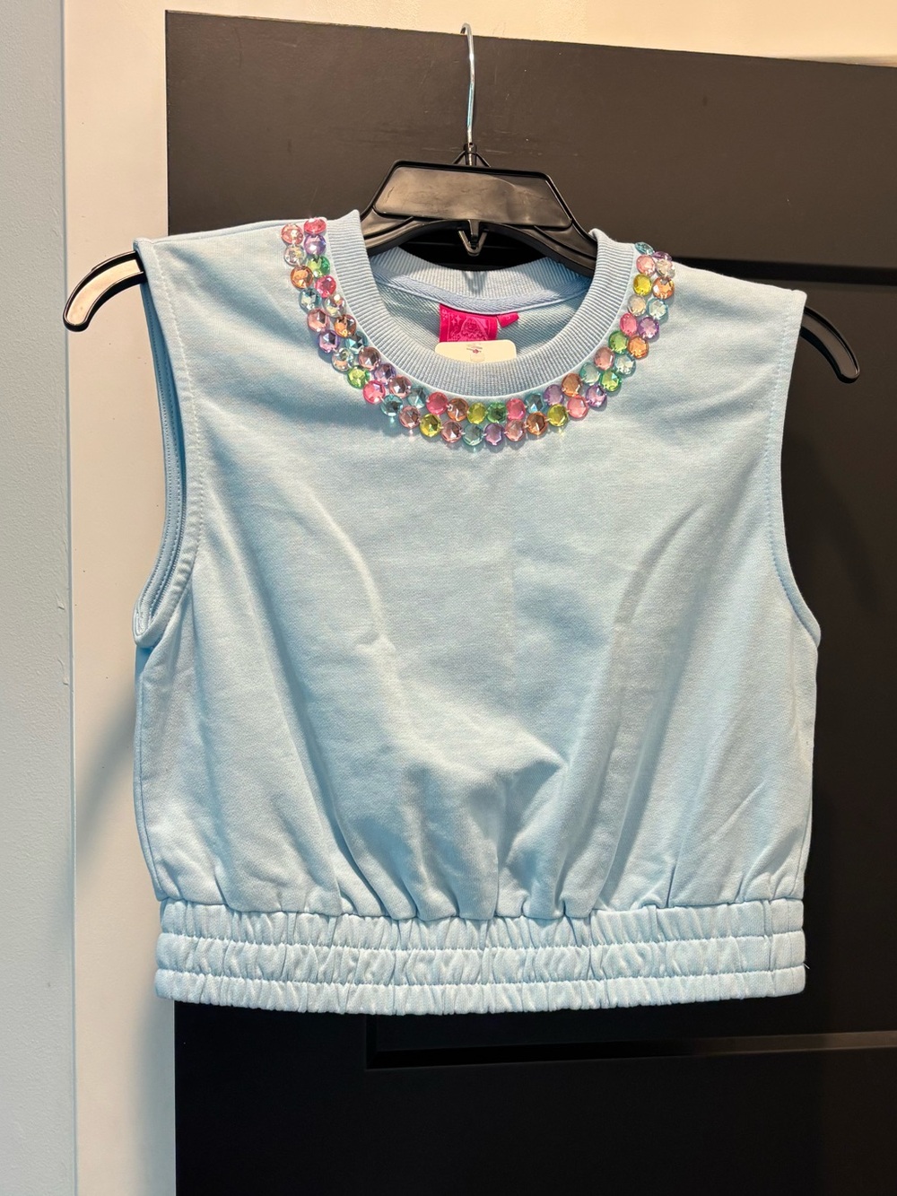 QUEEN OF SPARKLES Sleeveless Gem Tank Small NWT jeweled Crop Top Light Blue